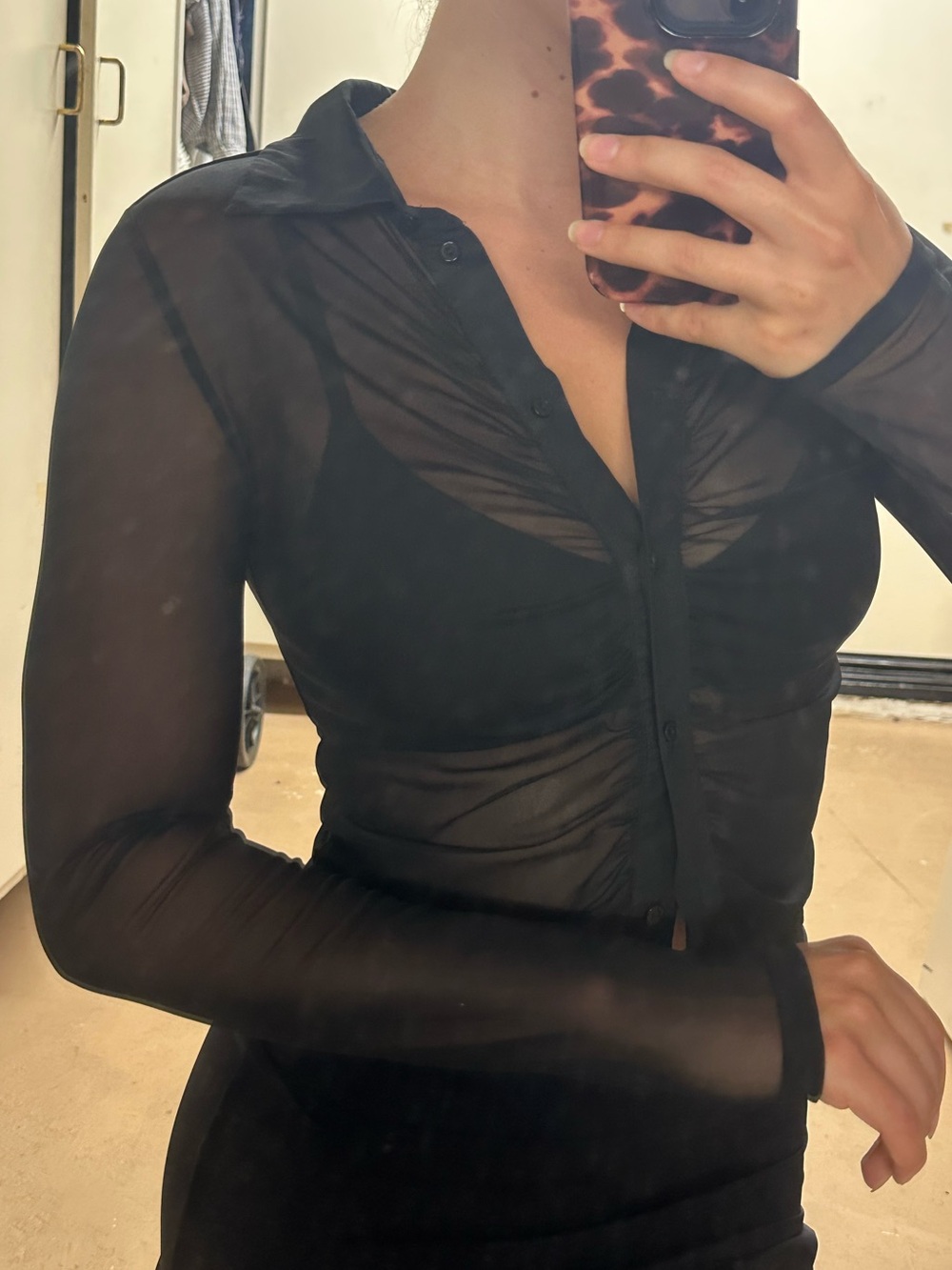 Topshop Black Sheer Ruched Button-Front Long Sleeve Shirt